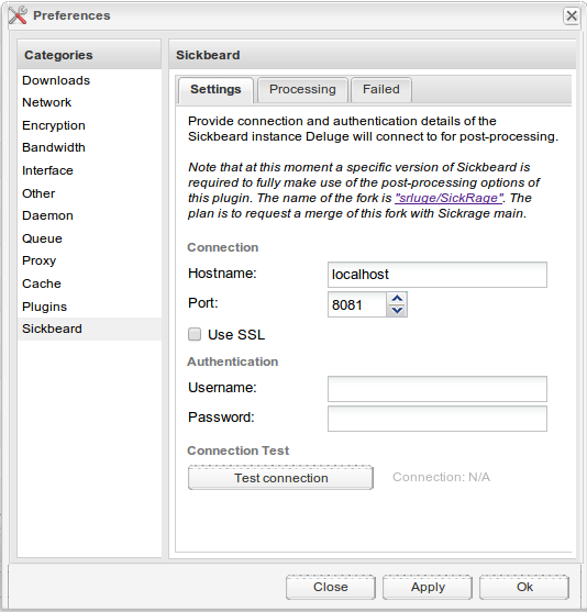 Deluge preferences - Sickbeard settings.png