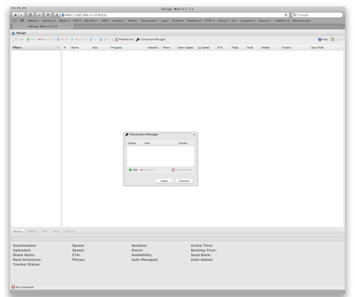 Screenshot of web-ui with no connections available