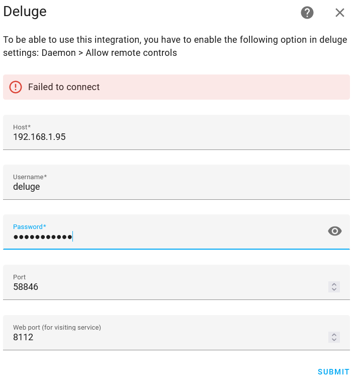 Home Assistant Deluge Integration Modal