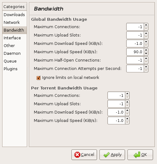 bandwidth settings in deluge